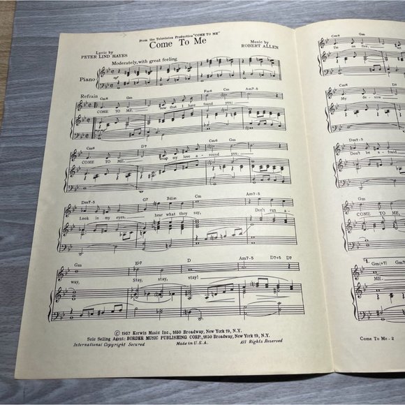 Piano Sheet Music Come to Me Johnny Mathis 1957 From TV Show Come to Me - Picture 2 of 4